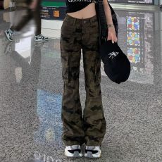 批发美式复古微喇牛仔<b class='q'>裤</b>女2026春秋款新款高腰阔腿修身工装<b class='q'>裤</b><b class='q'>迷彩</b><b class='q'>裤</b>子