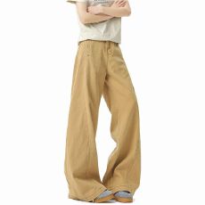 批发美式卡其色弯刀休闲牛仔裤女潮牌高街宽松阔腿设计感工装镰刀裤子