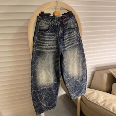 批发巴黎风格美式闪电纹弯刀牛仔裤<b class='q'>男</b>女春秋小众设计感宽松阔腿长<b class='q'>裤子</b>