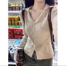 批发气质polo<b class='q'>翻领</b>针织衫上衣女设计感小众排扣开衫长袖打底衫春秋毛衣