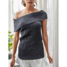 批发纯欲风性感一字肩天丝麻花翻领修身显瘦短袖针织衫女春<b class='q'>夏</b>秋新款