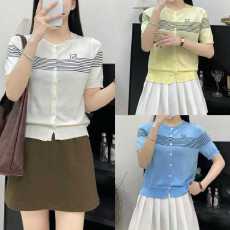 批发天丝气质圆领条纹单排扣修身百搭短袖针织衫2026<b class='q'>夏</b>新款开衫上衣女