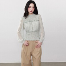 批发通勤简约百搭秋季绿色圆领雪纺收腰显瘦<b class='q'>防晒</b>长袖上衣女