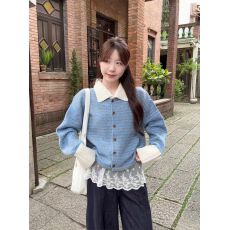 批发撞色条纹翻领长袖毛衣<b class='q'>开衫</b><b class='q'>女</b>秋季韩系宽松<b class='q'>针织</b>外套设计感温柔上衣