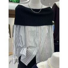 批发韩国东大门2025春季新款气质高级感条纹一字肩长袖露肩性感衬衫女