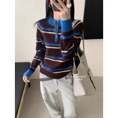 批发BADX<b class='q'>正品</b>秋冬拼色条纹半拉链立领长袖针织衫洋气显瘦百搭软糯毛衣