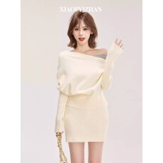 批发慵懒风休闲<b class='q'>针织</b><b class='q'>套装</b>裙女早秋季假两件斜肩长袖毛衣包臀短裙两件套