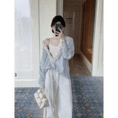 批发Rixo MaraV领花边蓝白条纹长袖衬衫女秋季宽松休闲设计感小众上衣