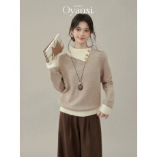 批发欧阳喜未眠夜设计感撞色翻领针织毛衣冬季新款套头长袖上衣