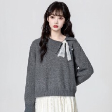 批发灰色翻领毛衣女春秋2025秋季新款蕾丝拼接长袖针织衫套头短款上衣