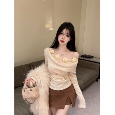 批发2026春季新款纯欲性感立体花朵网纱拼接假两件T恤褶皱<b class='q'>针织</b><b class='q'>上衣</b>