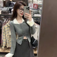 批发设计法式翻领毛衣短款针织衫新款秋冬长袖系带修身显瘦打底上衣