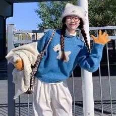 慵懒提花套头卡通小狗毛衣秋冬新款宽松针织衫2025冬款毛衣上衣