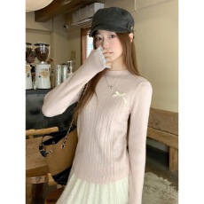 纯欲半高领蕾丝拼接蝴蝶结长袖针织衫女秋冬修身显瘦内搭打底上衣