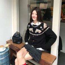 批发费尔岛毛衣外套女秋冬穿搭小马提花圆领针织开衫修身显瘦短款上衣