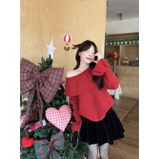 批发一字肩荷叶边长袖套头毛衣女冬季甜美韩系针织衫慵懒宽松红色上衣