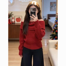 批发法式一字肩粉色套头麻花毛衣女秋冬加厚保暖慵懒风露肩针织衫上衣