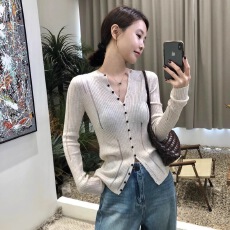 批发V领<b class='q'>长袖</b>针织开衫镂空修身显瘦韩系2026新款春秋打底纯色上衣百搭