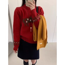 韩系圆领套头创意卡通毛衣女秋冬复古小众设计感圣诞针织衫
