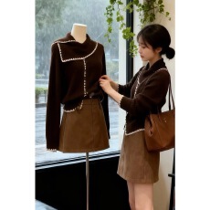 法式复古毛衣女秋冬咖色围巾领慵懒针织开衫显瘦气质上衣