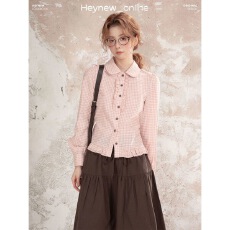 批发温柔系粉色2026娃娃格子木耳花边翻领衬衫女秋<b class='q'>甜美</b>气质时尚上衣