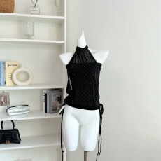 批发辣妹新款设计感裹胸挂脖闪闪<b class='q'>网纱</b>拼接背心女装夏季修身系带上衣