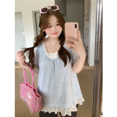 批发夏季新款胖MM300斤大码宽松蕾丝拼接中<b class='q'>长款</b>U领休闲洋气百搭上衣女