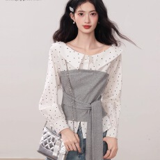 批发法式设计感波点收腰<b class='q'>衬衫</b>女2026春季新款长袖小众时尚气质绑带上衣