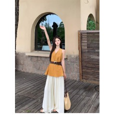 批发挂脖v领<b class='q'>雪纺衫女</b>收腰中长款漂亮上衣夏季新款露背<b class='q'>无袖</b>背心