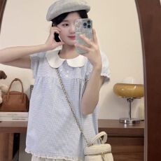 批发蓝色甜美娃娃领<b class='q'>衬衫</b>女<b class='q'>短袖</b><b class='q'>t</b><b class='q'>恤</b>夏季薄款格子宽松小个子娃娃衫上衣