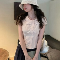 批发温柔风<b class='q'>甜美</b>纯棉白色蝴蝶结短袖衬衫女夏季小个子短款衬衣粉色上衣