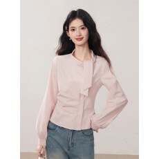 韩系百搭设计感压褶减龄长袖衬衫女秋季新款不规则独特休闲上衣