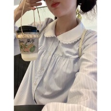 批发学院风<b class='q'>设计</b>感小众条纹长袖衬衫女2023秋季新款内搭显瘦宽松上衣潮