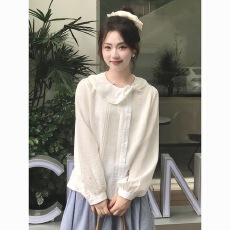 批发白色不规则娃娃领长袖衬衫女秋季新款<b class='q'>设计</b>感蝴蝶结法式遮肉上衣