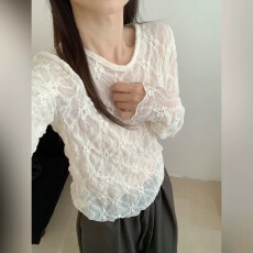 批发韩版重工<b class='q'>刺绣</b>花朵透视镂空提花小衫女2026早秋新款圆领修身打底衫