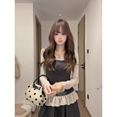 批发法式纯欲少女假两件<b class='q'>打底衫</b><b class='q'>吊带</b>叠穿长袖木耳边下摆修身显瘦上衣女