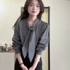 批发法式波点系带灰色长袖衬衫<b class='q'>女装</b>秋季新款高级感通勤职业轻熟风上衣