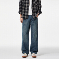批发25年秋季新款窄版阔腿宽松直筒蓝色牛仔裤男CLEAN FIT风格