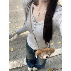 批发人棉<b class='q'>莫代尔</b>2×2 260 美式秋冬季原版刺绣纽扣长袖T恤<b class='q'>打底衫</b>上衣女