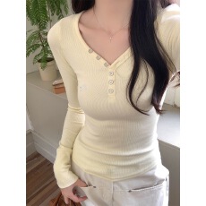 批发人棉<b class='q'>莫代尔</b>2×2 260克 美式秋冬季螺纹绣花纽扣长袖上衣<b class='q'>打底衫</b>女