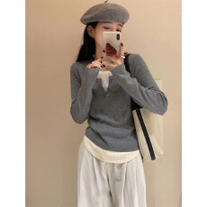 批发人棉<b class='q'>莫代尔</b>2×2 260克 韩版撞色假两件内搭长袖修身T恤上衣<b class='q'>打底衫</b>