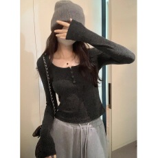 批发人棉<b class='q'>莫代尔</b>260克 原版深灰色秋冬季修身纽扣长袖T恤<b class='q'>打底衫</b>上衣女