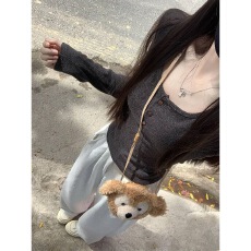 批发人棉<b class='q'>莫代尔</b>260克 秋冬季纯欲深灰色纽扣修身显瘦长袖<b class='q'>打底衫</b>T恤女