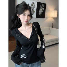 批发人棉莫代尔260克 美式复古字母印花连帽长袖<b class='q'>修身</b>打底t恤上衣女