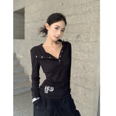 批发人棉莫代尔260克 美式设计感字母印花连帽修身长袖t恤上衣女打底