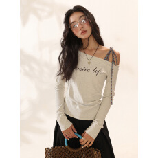 批发人棉<b class='q'>莫代尔</b>260克 韩系绑带斜肩褶皱修身显瘦长袖<b class='q'>t</b><b class='q'>恤</b>女上衣打底衫