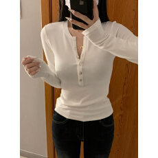 批发人棉莫代尔260克 五色原版贝壳纽扣 美式亨利领辣妹半开长袖<b class='q'>T</b>恤衫