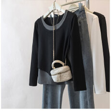 批发<b class='q'>大码</b>女装遮肚子假两件别致拼色打底衫秋胖MM内搭显瘦长袖T恤上衣