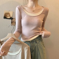 批发【椰油绒】拼色<b class='q'>假两件</b>长袖t恤春秋2025新款打底内搭修身显瘦<b class='q'>上衣</b>