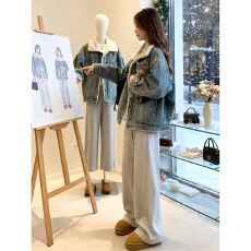 批发加绒加厚牛仔外套女2025新款韩版宽松百搭设计感羊羔绒棉衣服